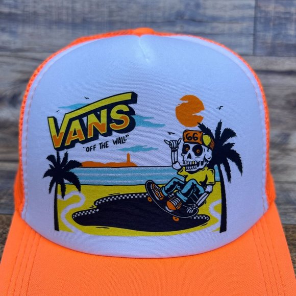 VANS Mens Trucker Hat Orange Snapback Beach Skeleton Retro Skateboard Logo Cap - Picture 3 of 8